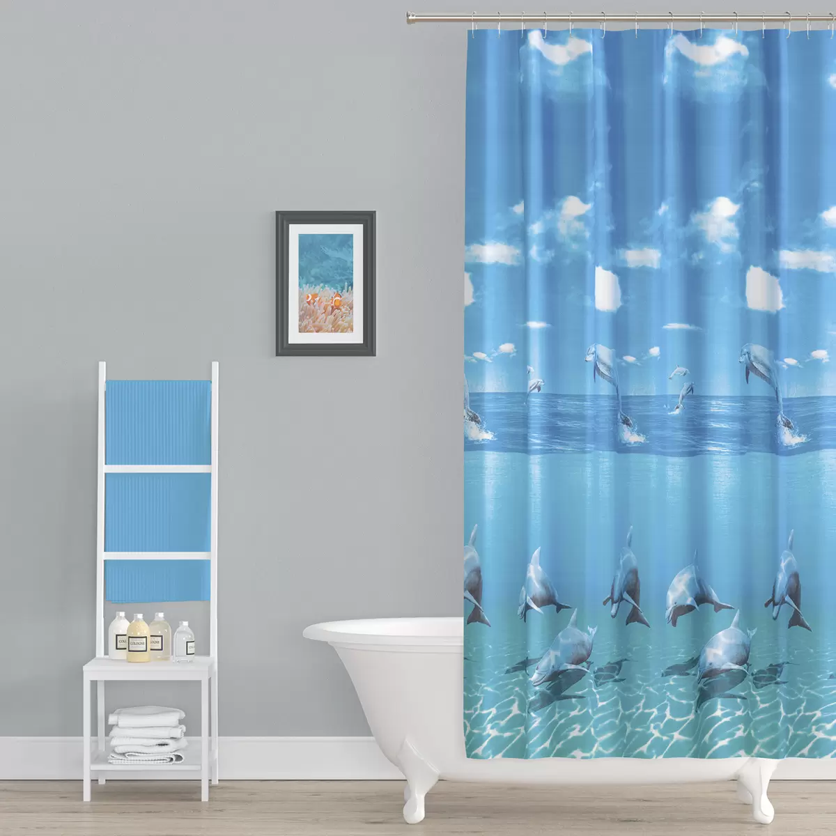 Tenda Da Doccia In Tessuto Con Anelli Grigi E Neri, 180 Cm - Foto 3